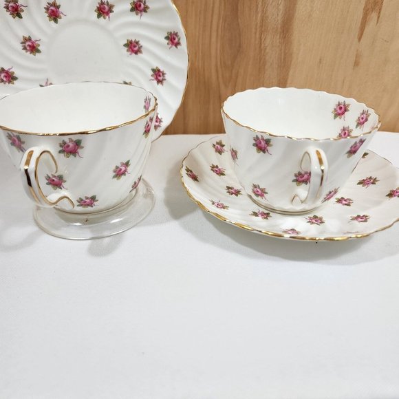 John Aynsley Hathaway Cup & Saucer bone china roses swirled edge England 2 sets - Picture 5 of 11